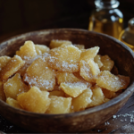 Rustic bowl of crispy salt and vinegar chips with salt crystals and a vinegar bottle on a wooden table