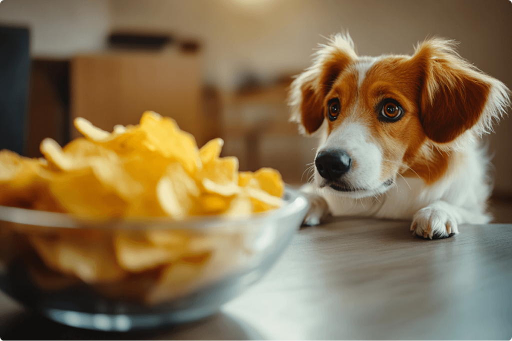 A dog looking at a bowl of salt and vinegar chips with curiosity, illustrating the risks of feeding these snacks to pets