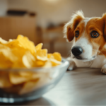 A dog looking at a bowl of salt and vinegar chips with curiosity, illustrating the risks of feeding these snacks to pets