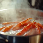 Snow crab legs boiling in a large pot with steam rising, showcasing the vibrant red color after cooking