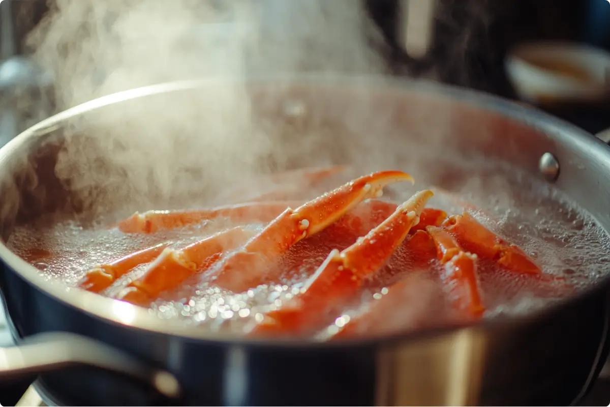 Snow crab legs boiling in a large pot with steam rising, showcasing the vibrant red color after cooking