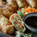 Freshly fried crispy egg rolls on a wire rack