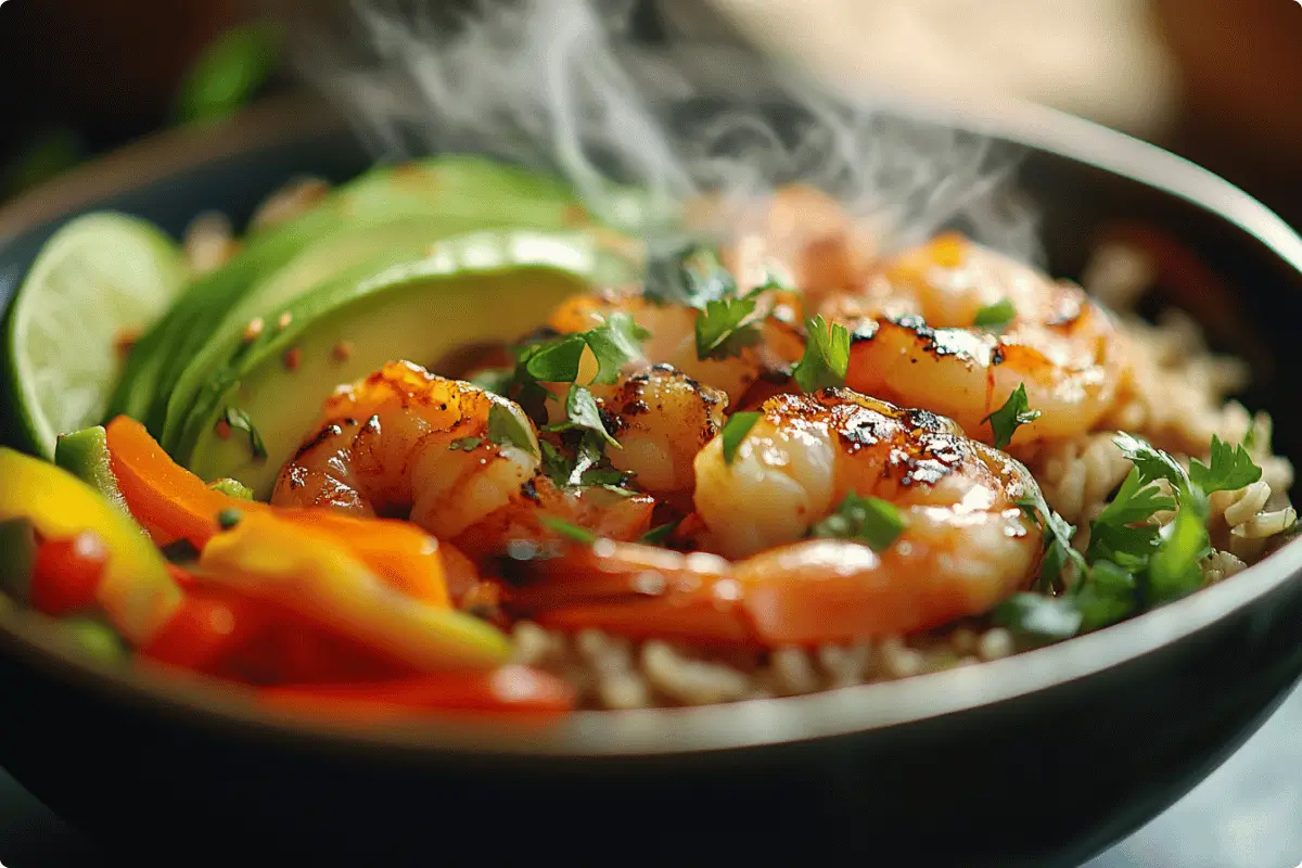 Close-up of a shrimp bowl with grilled shrimp, rice, and avocado.