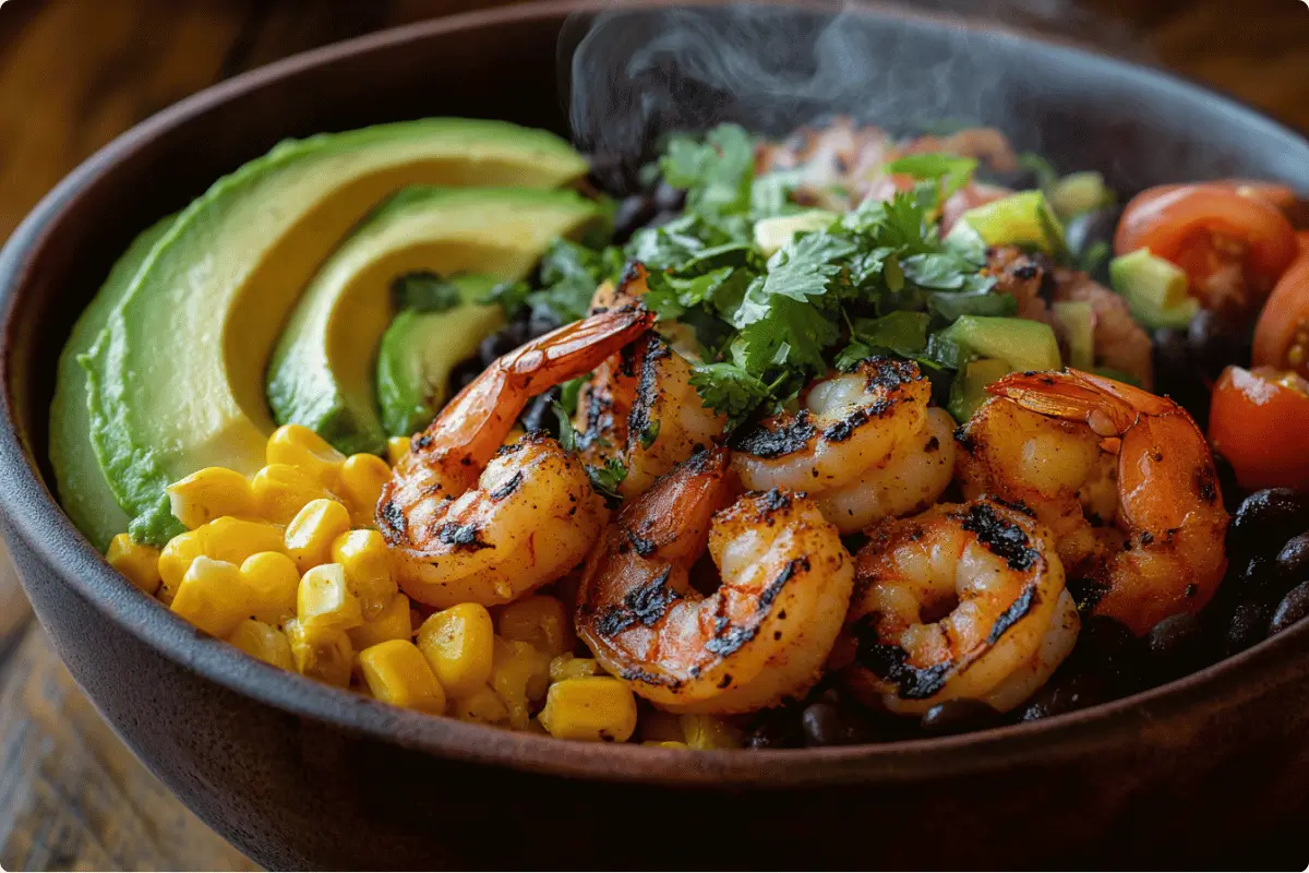 Close-up of a Tex-Mex Shrimp Bowl with shrimp, avocado, and beans.