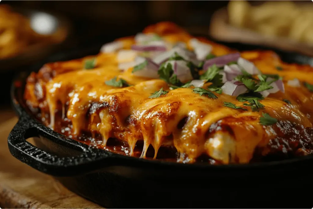 Close-up of baked Tex-Mex cheese enchiladas with melted cheese