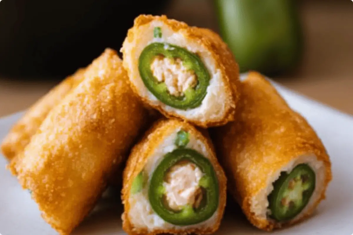 Crispy jalapeno popper egg rolls with melted cheese and bacon.