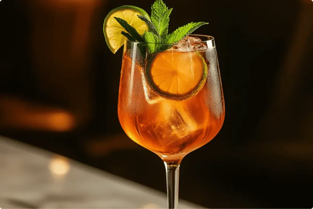 A close-up of a Hugo Spritz recipe cocktail in a wine glass with ice, mint, and lime.