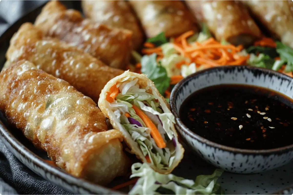 Freshly fried crispy egg rolls on a wire rack