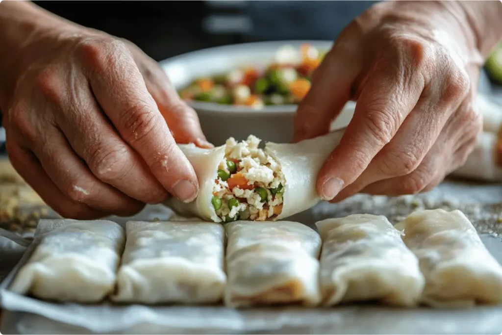 Hands sealing egg rolls with cornstarch paste