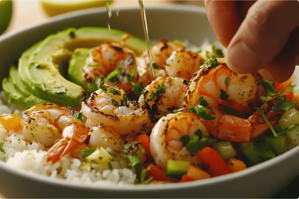 Hands assembling a shrimp bowl with grilled shrimp and fresh veggies.