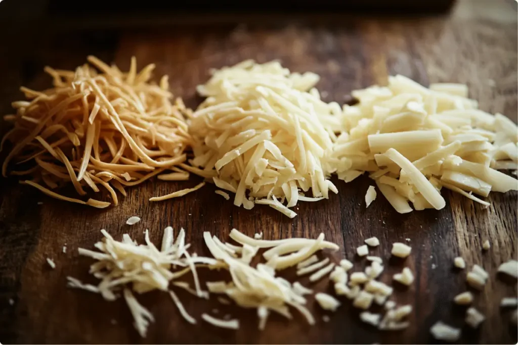 Close-up of shredded cheddar, Monterey Jack, and Colby Jack cheeses