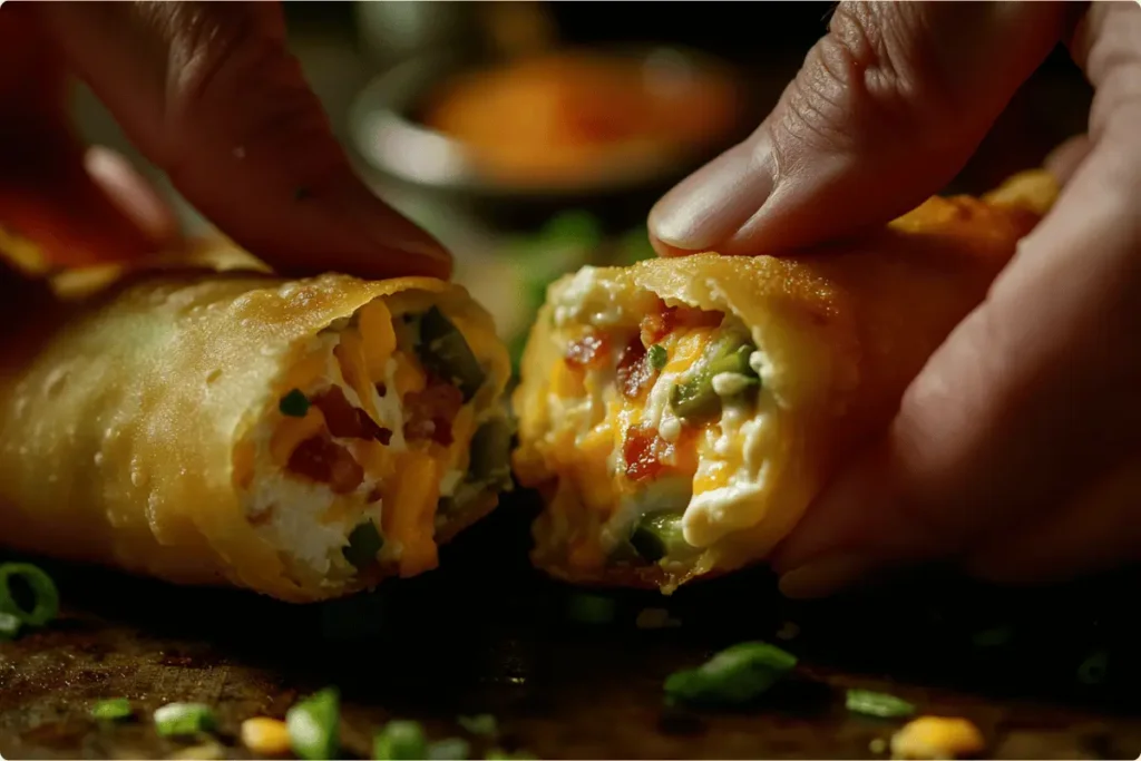 rolling jalapeno popper egg rolls with creamy cheese filling.