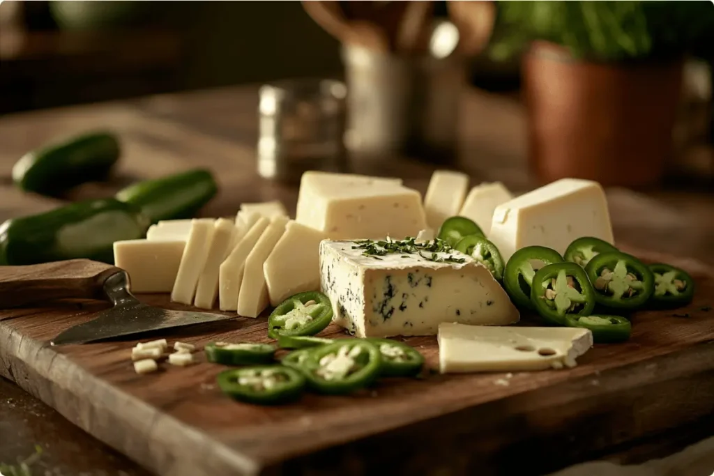 Assorted cheeses and fresh jalapeños on a wooden board.