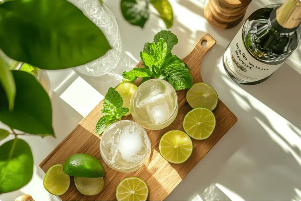 Ingredients for the Hugo Spritz recipe displayed on a wooden board.