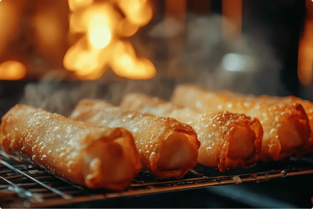 Crispy egg rolls cooling on a wire rack