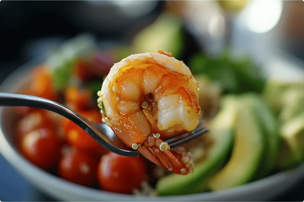 A single grilled shrimp on a fork with nutrient-rich ingredients.