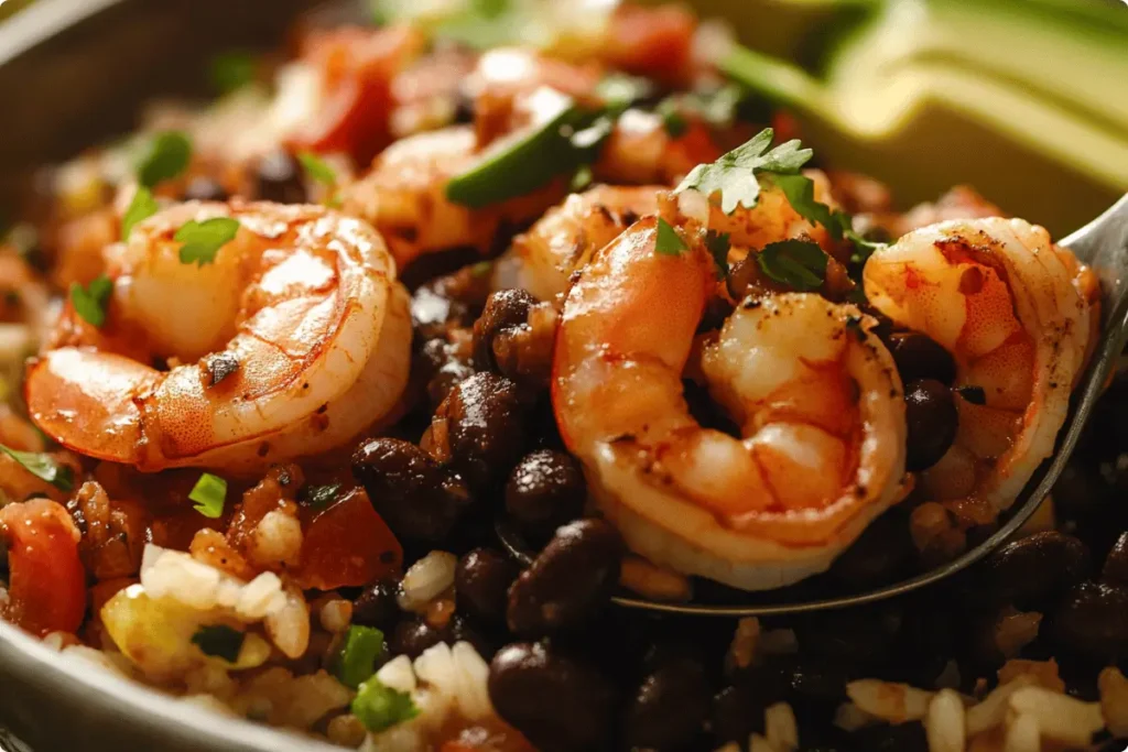 black beans, rice, and avocado from a Tex-Mex bowl.