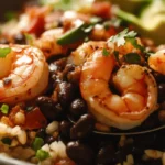 black beans, rice, and avocado from a Tex-Mex bowl.