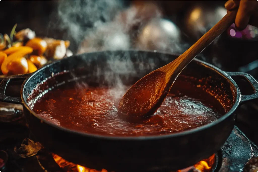 Homemade red enchilada sauce simmering in a cast-iron pan