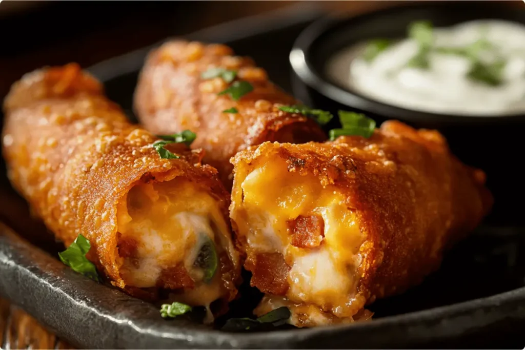 Bacon-wrapped jalapeno popper egg rolls with a side of ranch dip.