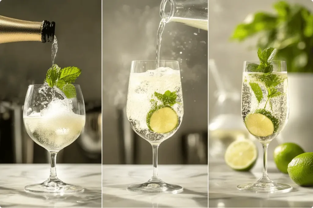 Step-by-step process of making a Hugo Spritz recipe with Prosecco and elderflower.