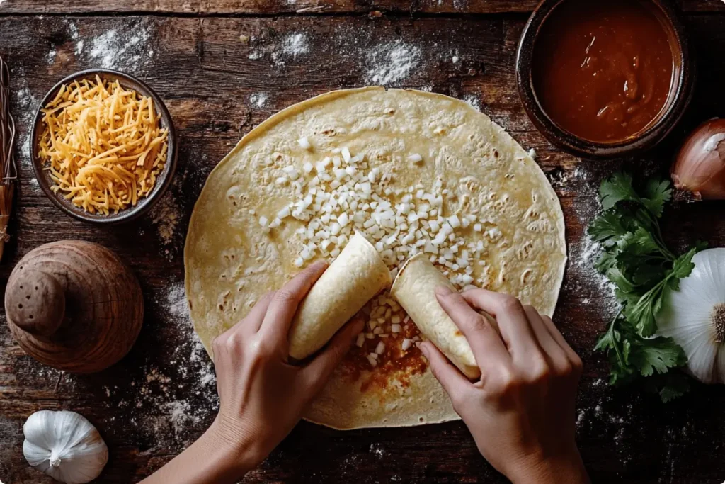  rolling Tex-Mex cheese enchiladas on a wooden surface