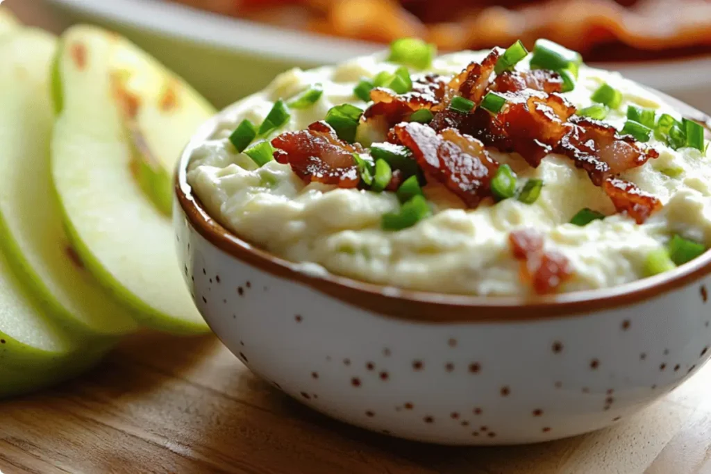 : Jalapeno popper dip with Granny Smith apple slices and candied bacon.