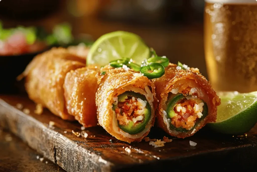  Jalapeno popper egg rolls with a margarita and beer pairing.