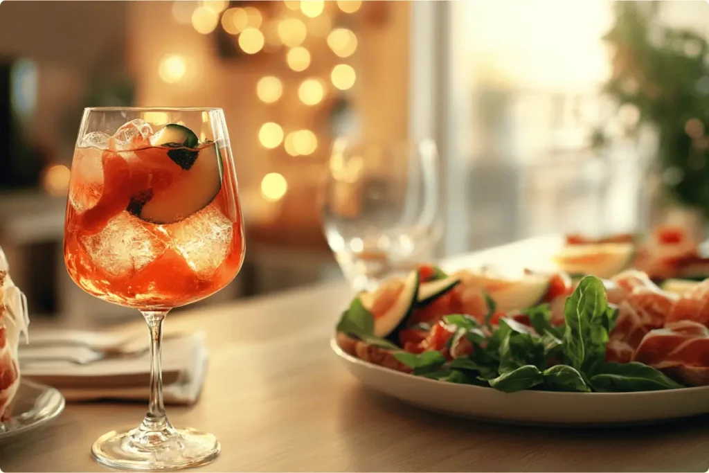 A Hugo Spritz served with Mediterranean appetizers on a dining table.