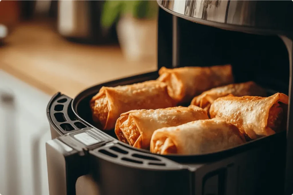 Crispy egg rolls being reheated in an air fryer